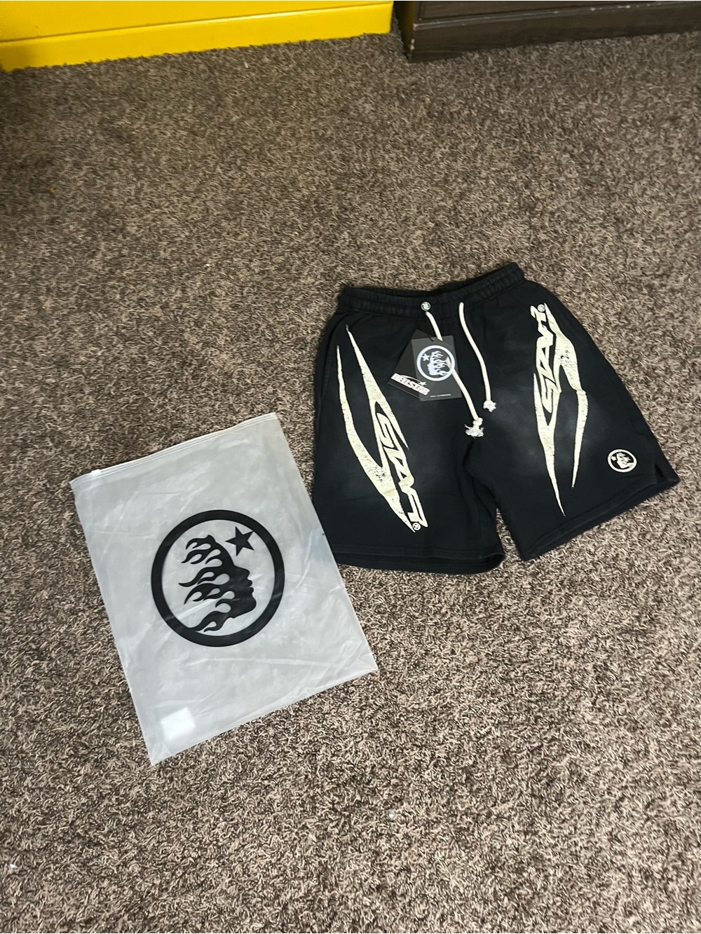Hellstar Black Shorts with Cream Graphic Logos